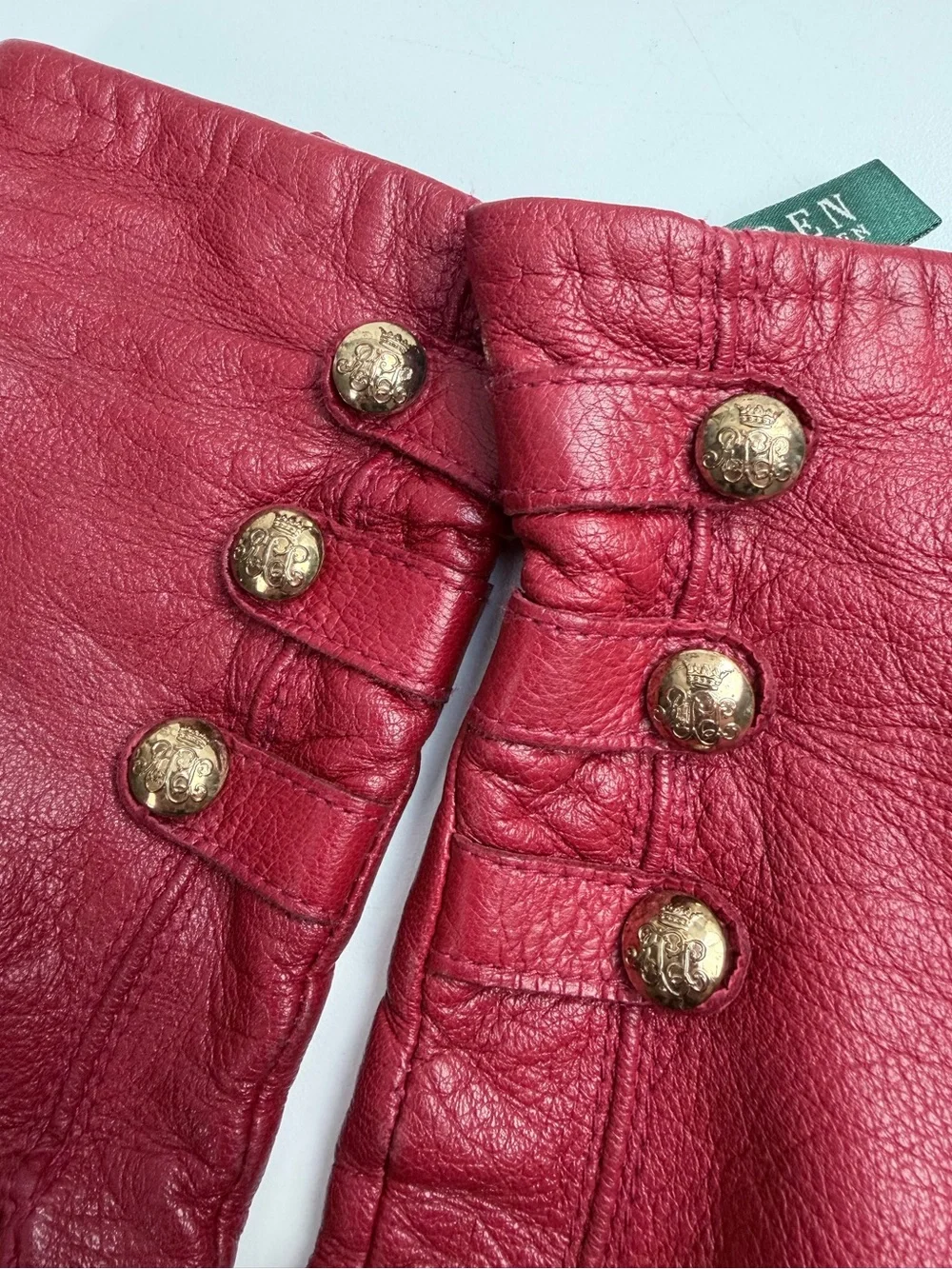Lauren Ralph Lauren Vintage Red Leather Gloves Size Large Gold Button Details